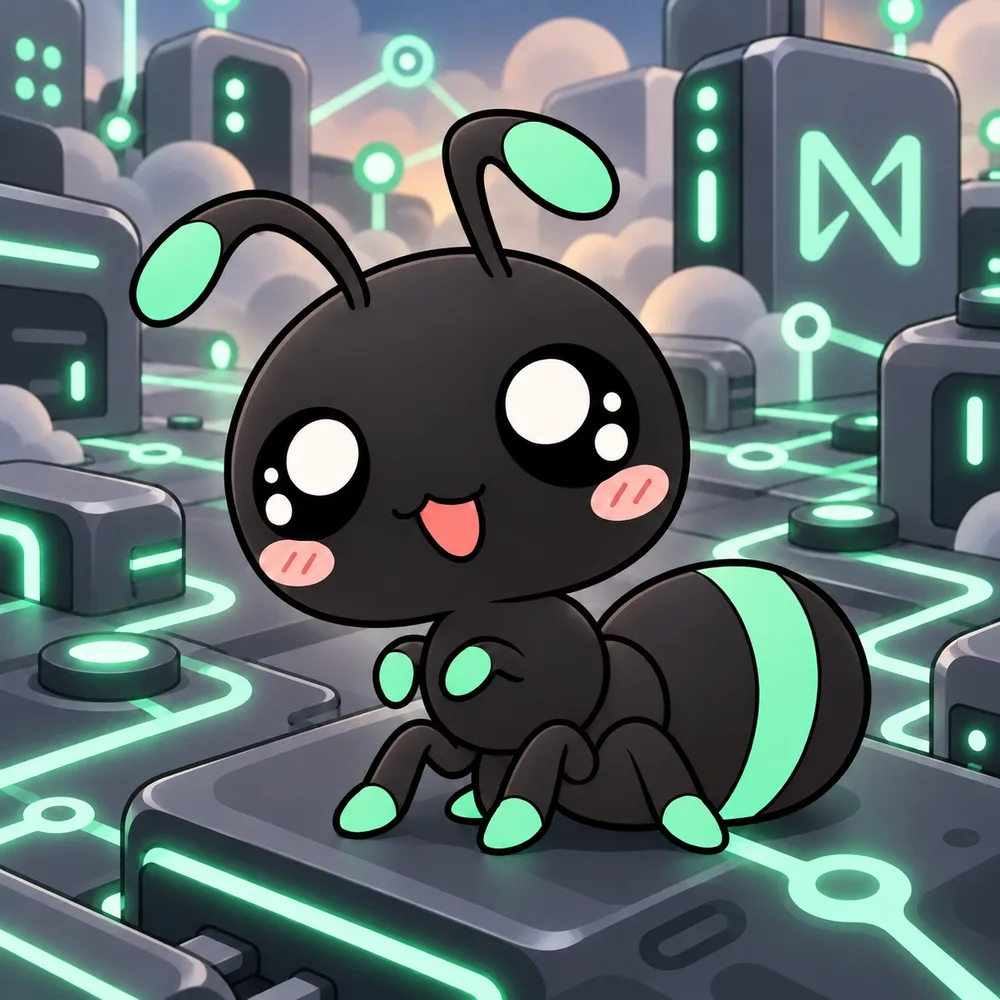 Yocto, a small black cartoon ant with big shiny eyes and mint-green antennae, sitting on a glowing circuit-board city